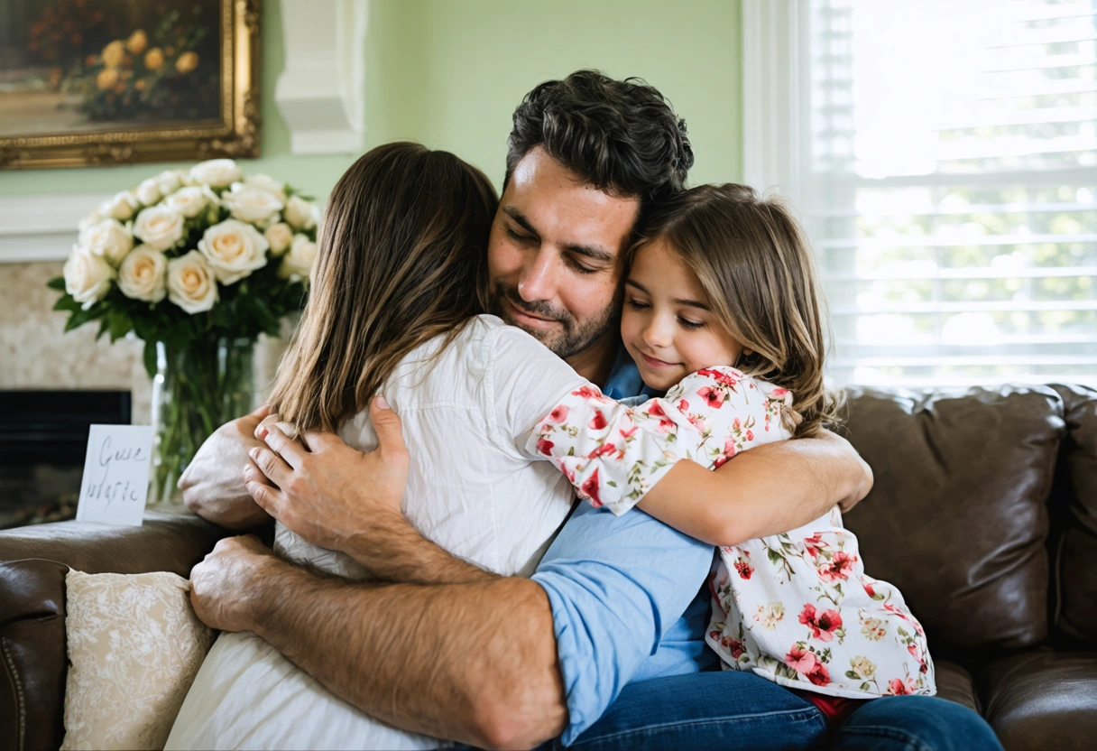 Family members embracing in a Florida living room with flowers and condolence cards nearby