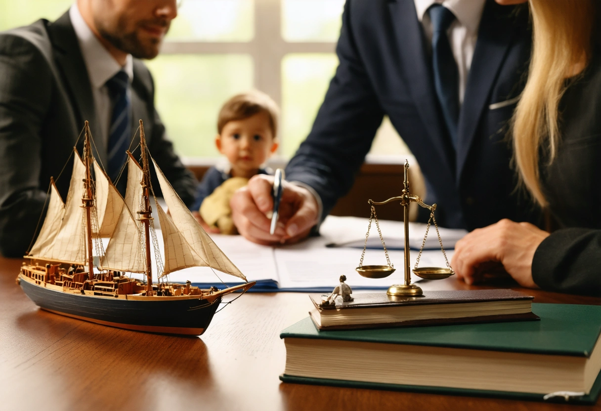 Lawyer discusses documents with family in office with model boats and legal books