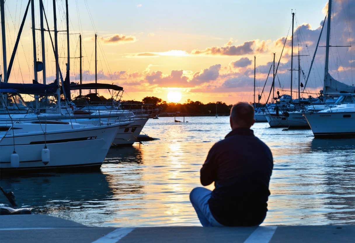 Florida marina at sunset with docked boats and person gazing over calm water, peaceful scene.