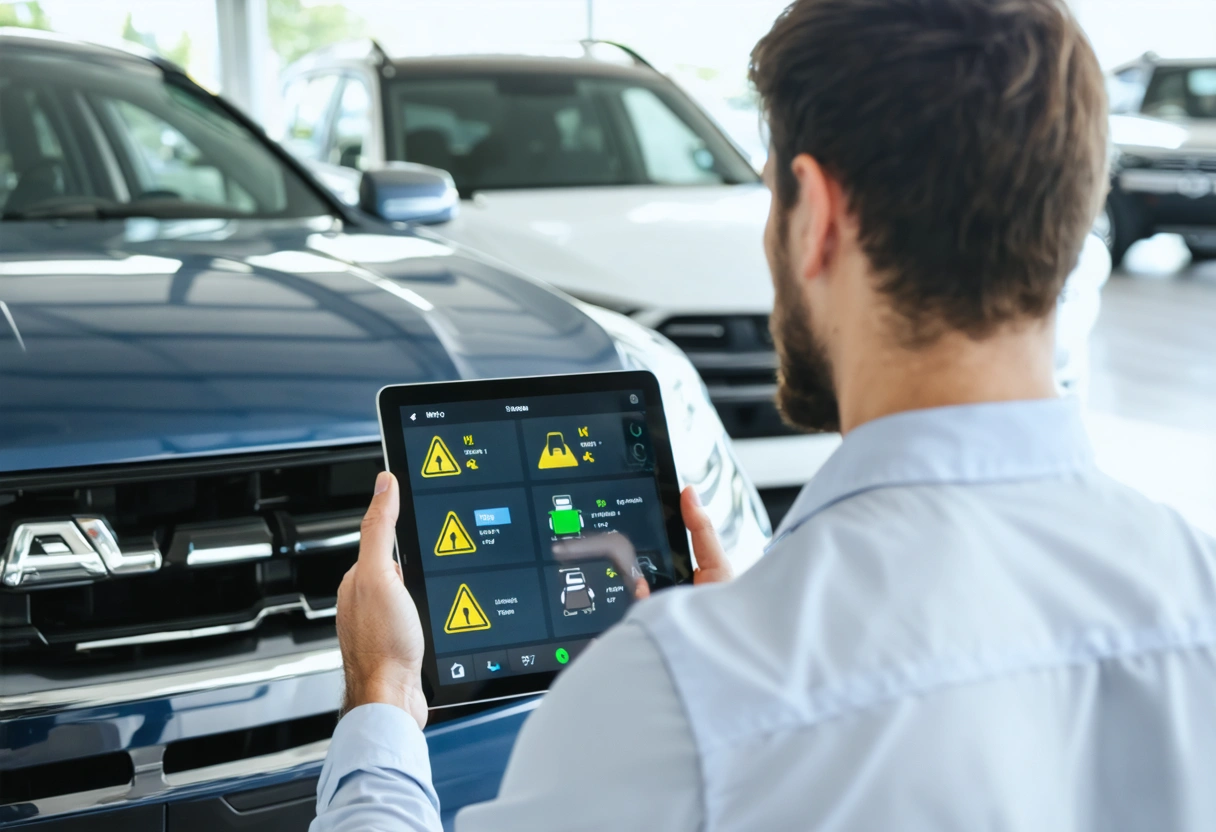 Car buyer compares two vehicles in a dealership, checking safety ratings on a tablet