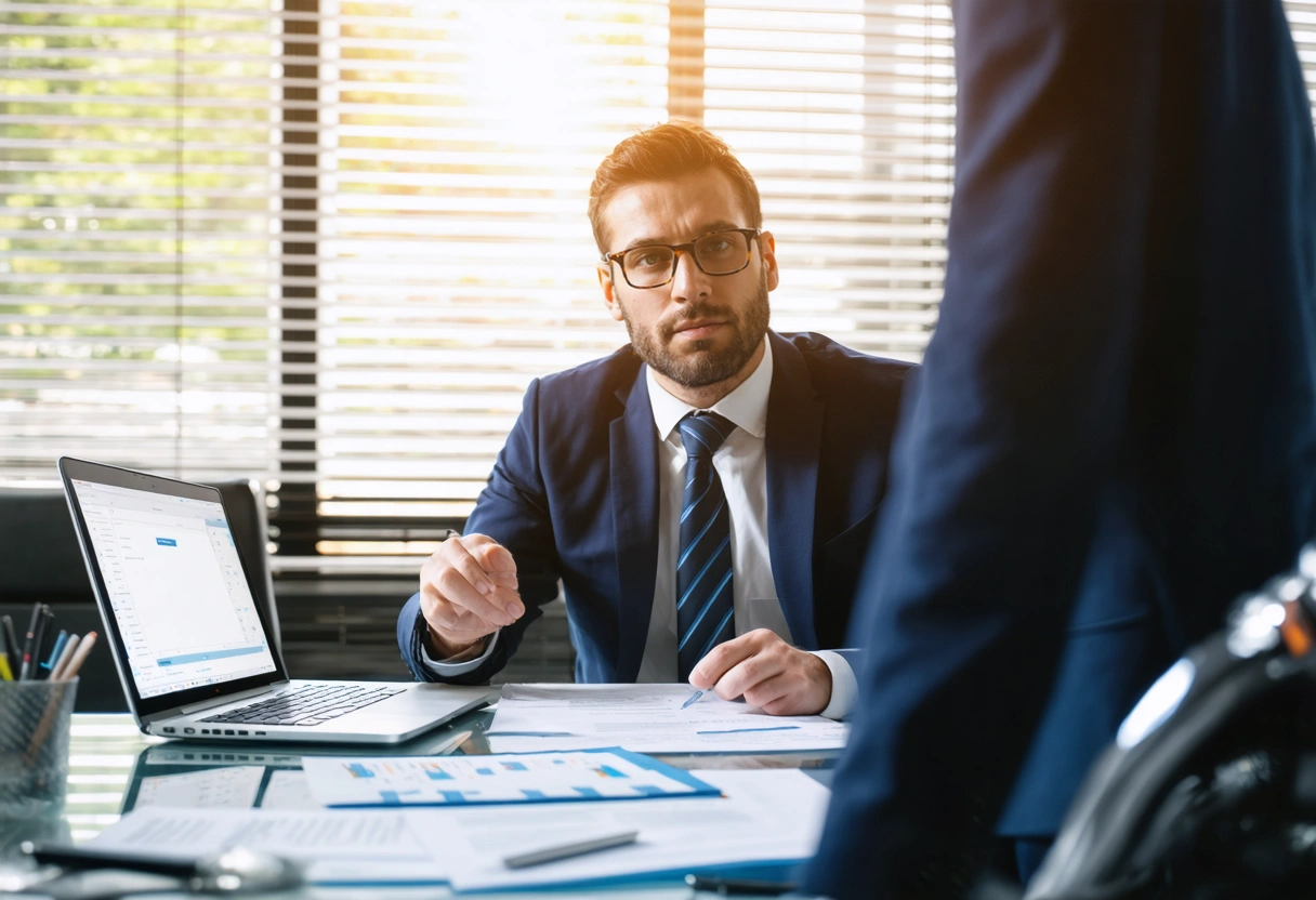 A lawyer in a professional office discusses a motorcycle accident case with a client. Papers