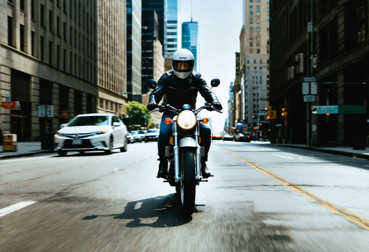 A motorcyclist rides defensively on a busy city street, avoiding a car in a blind
