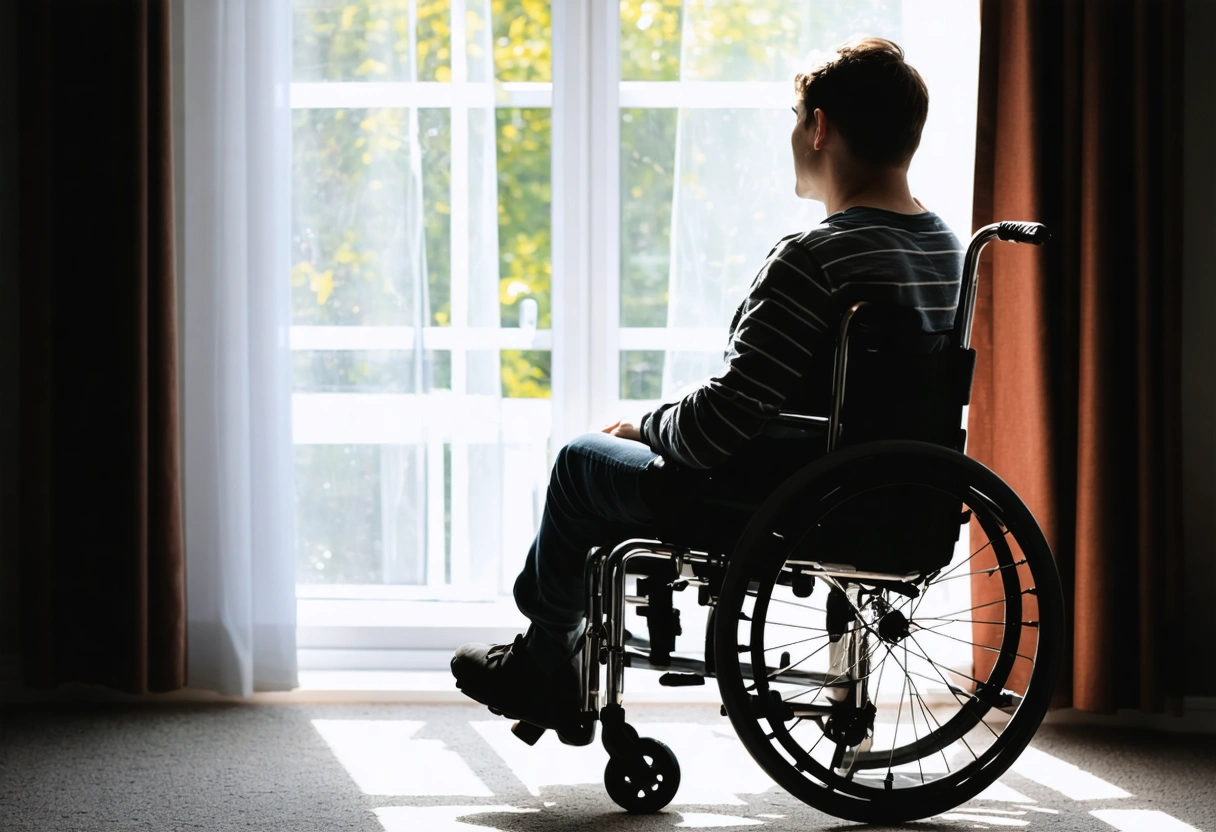 A person in a wheelchair looks out a window, contemplating life post-accident. Sunlight casts shadows