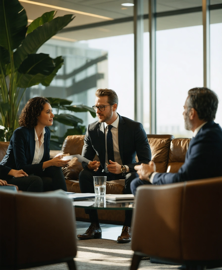 Attorneys discussing with a client in a well-lit office
