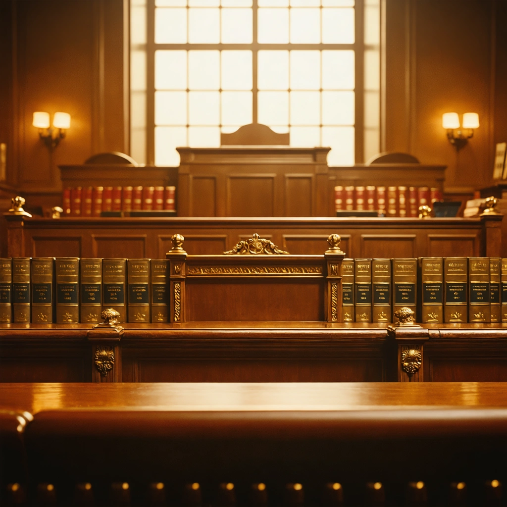 Courtroom setting with judge's bench and law books under gold lighting