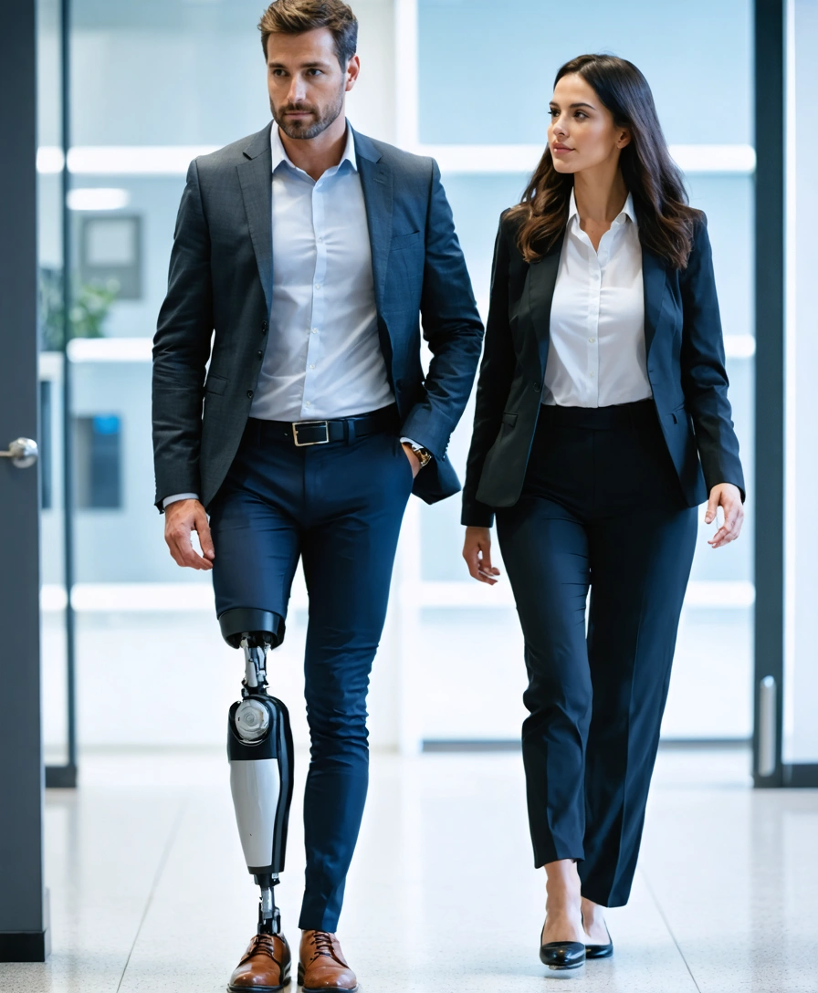 Professional with modern prosthetic leg walking with a personal injury lawyer in a law office