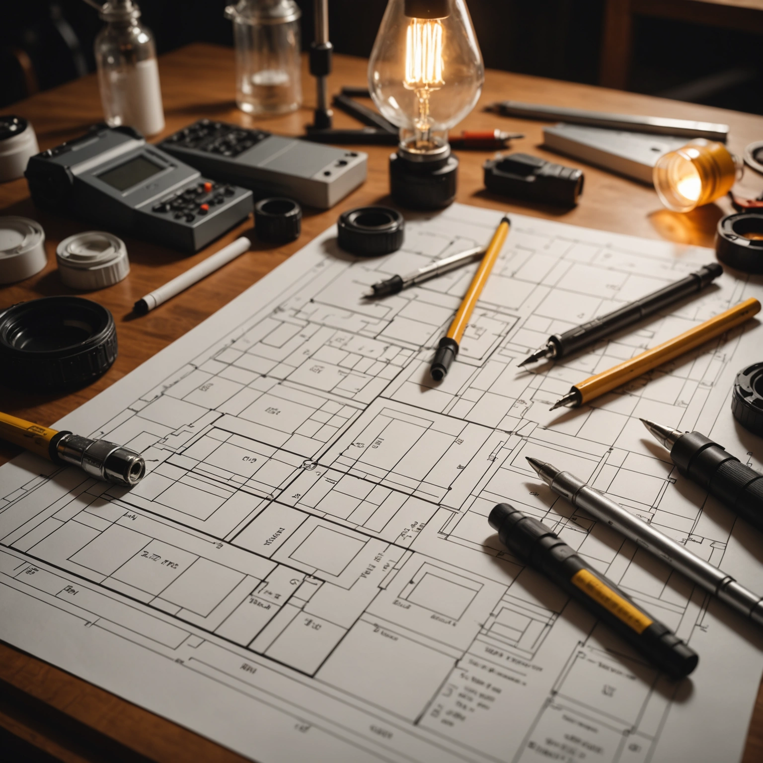 Architectural blueprint and measurement tools on a polished table