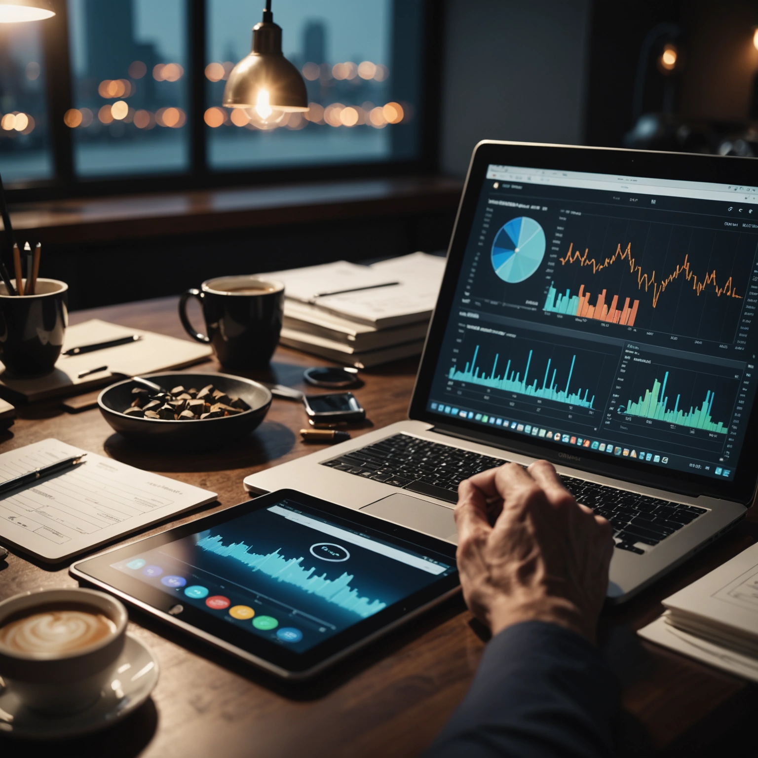 Professional workspace with financial reports and digital data on a tablet