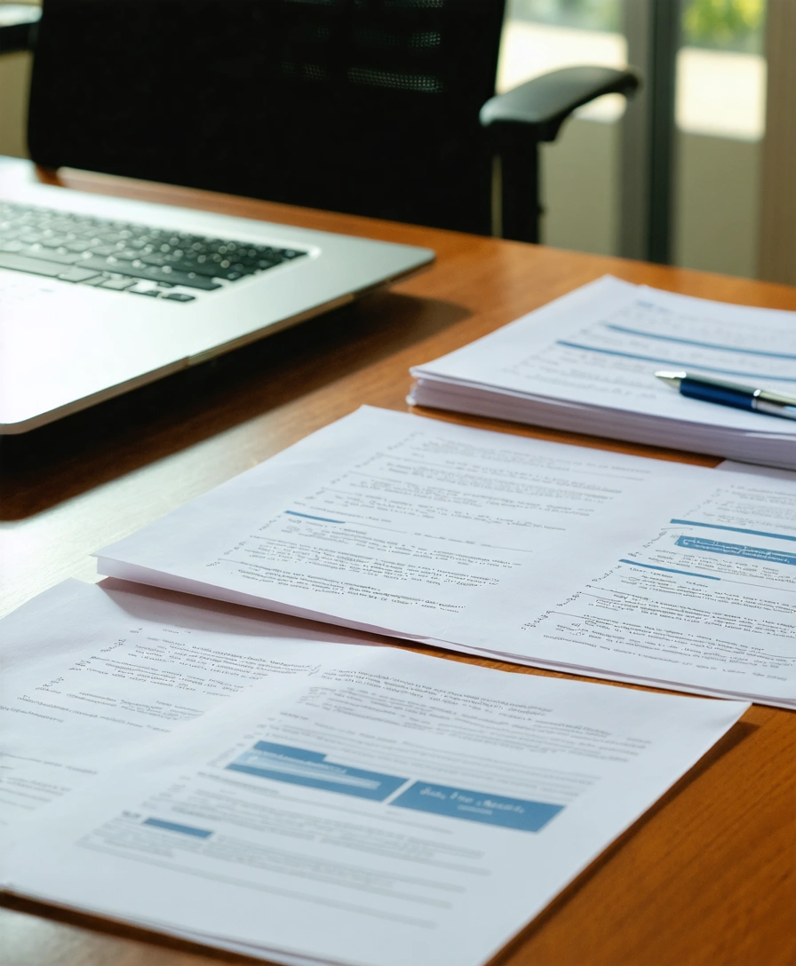 Case documents neatly arranged on a conference table in warm light