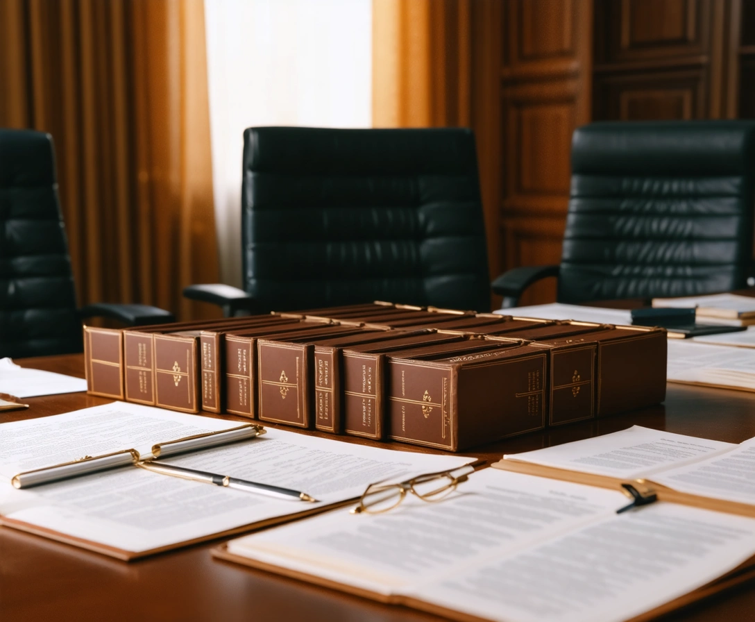 Litigation table filled with case files, trial binders and digital exhibits