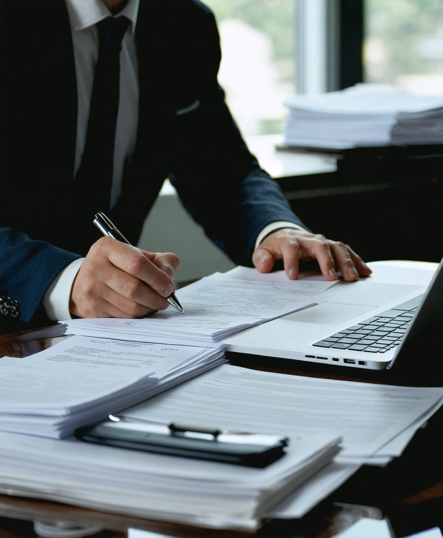 Attorney reviewing case files and notes at a desk with a laptop