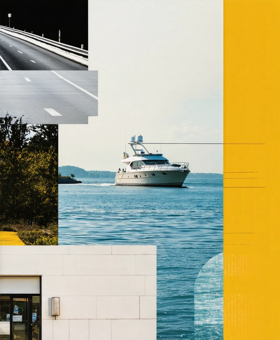 Collage of a roadway, boat on water, and storefront entrance