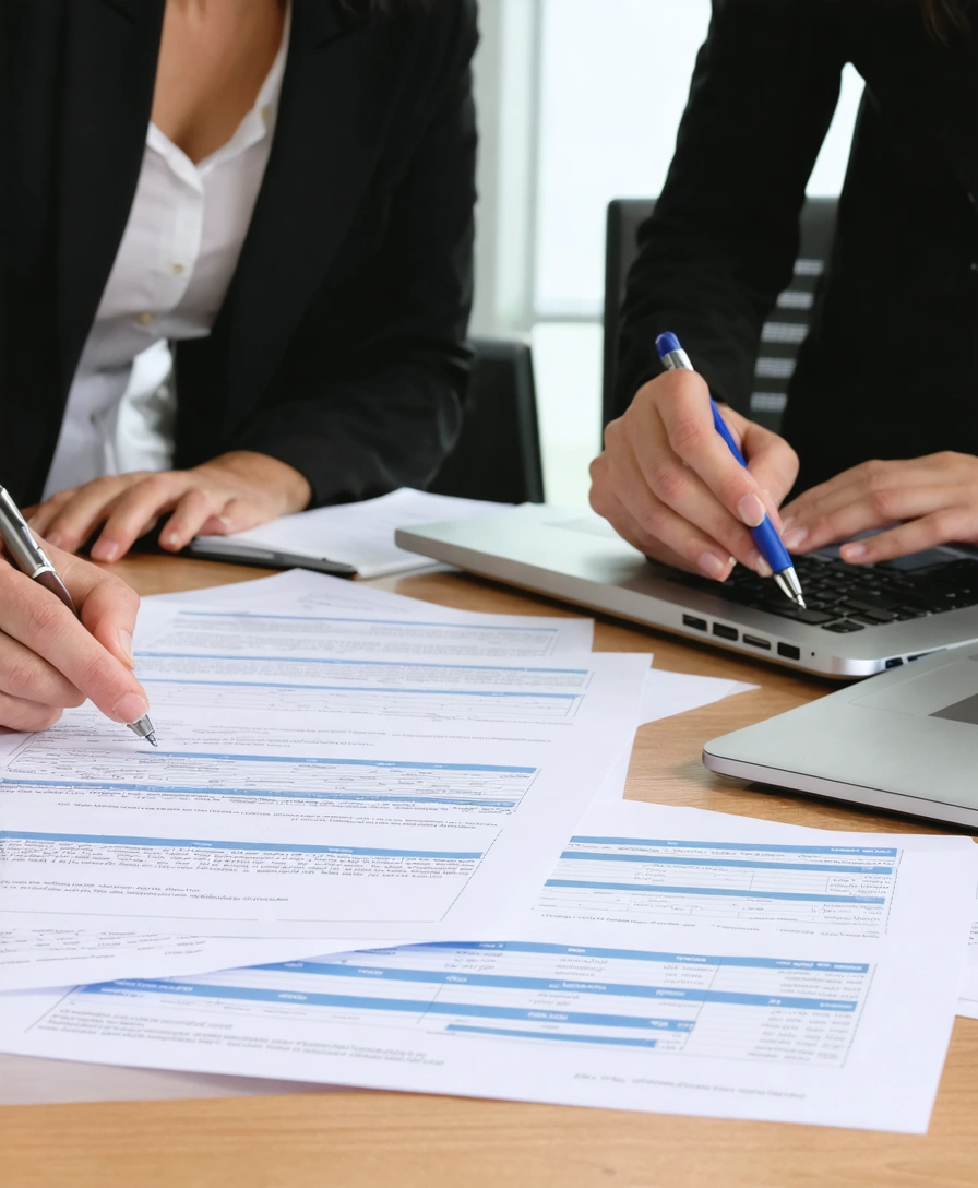 Attorney and paralegal team reviewing case with laptop and papers on table