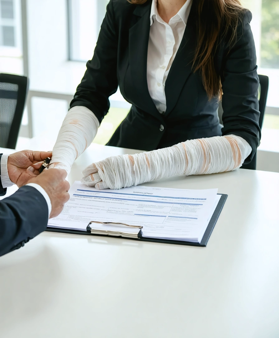 Adult burn survivor with bandaged arms discussing with a personal injury lawyer