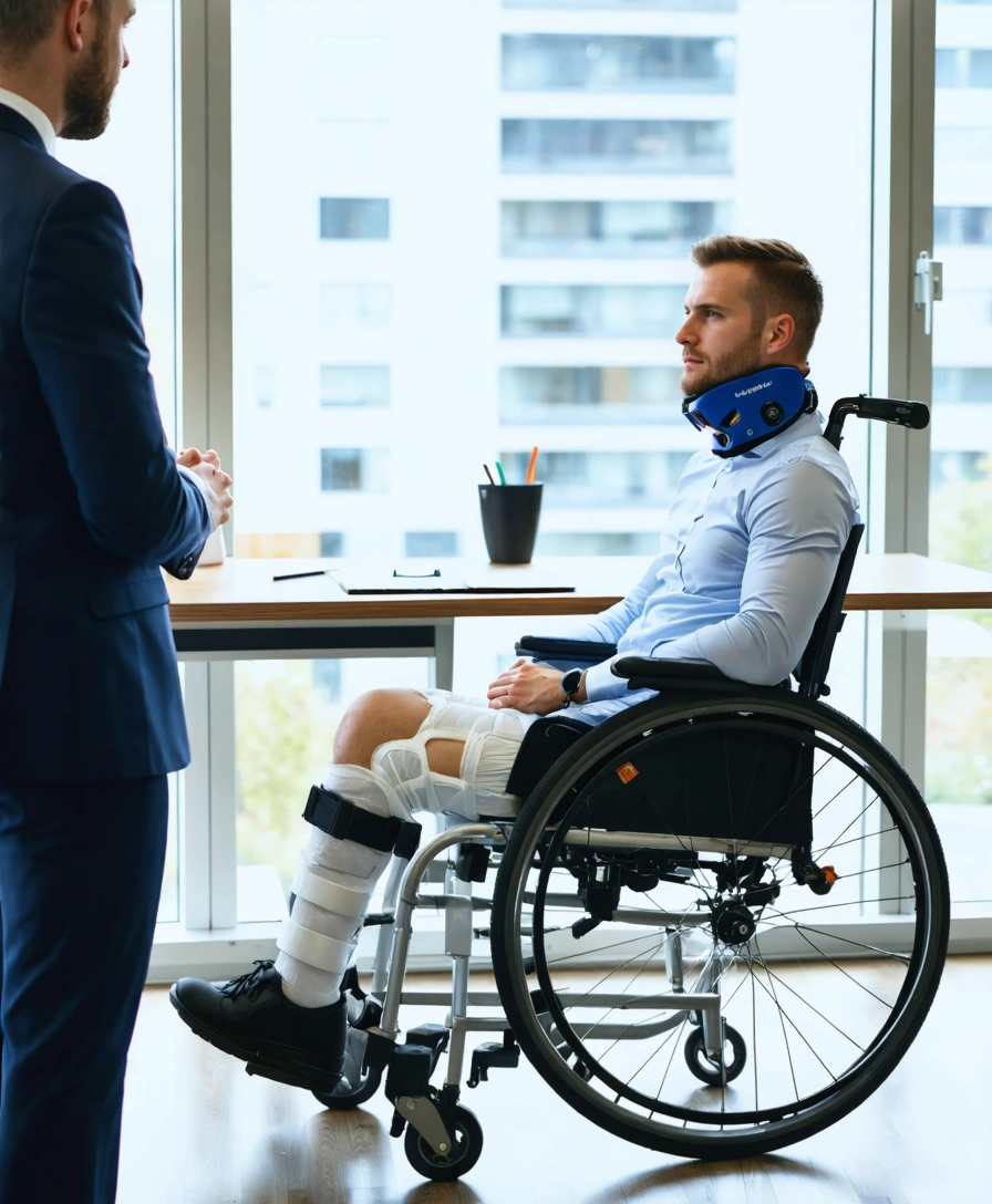 Adult accident survivor in wheelchair discussing with personal injury lawyer in office