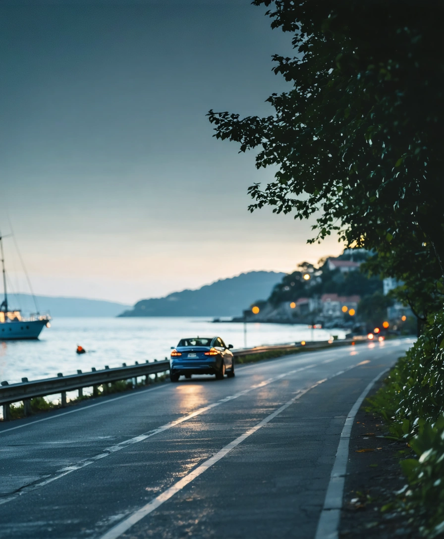 Composite image of a roadway, motorcycle, car, and waterfront boating scene