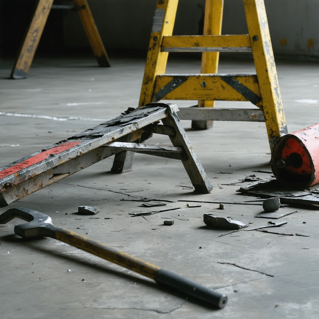 Clear image of jobsite hazards including a fallen tool and damaged ladder