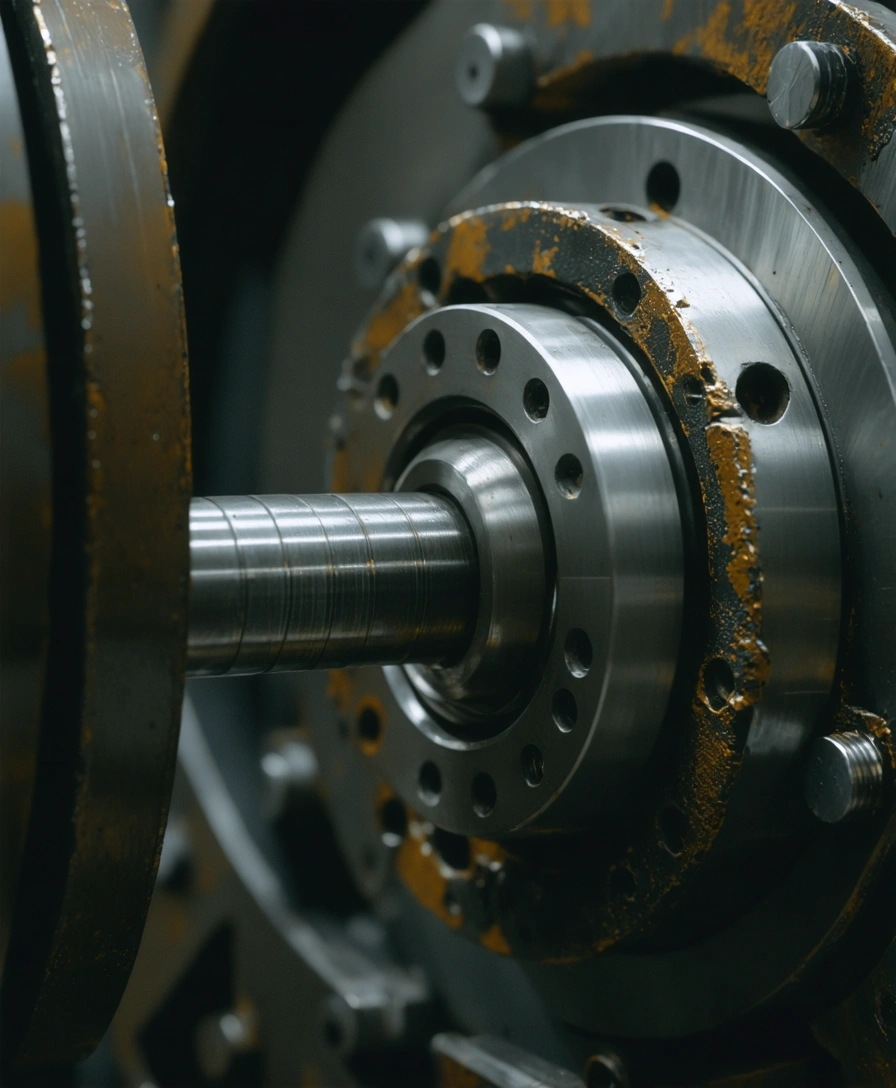 Close-up view of worn industrial machinery components