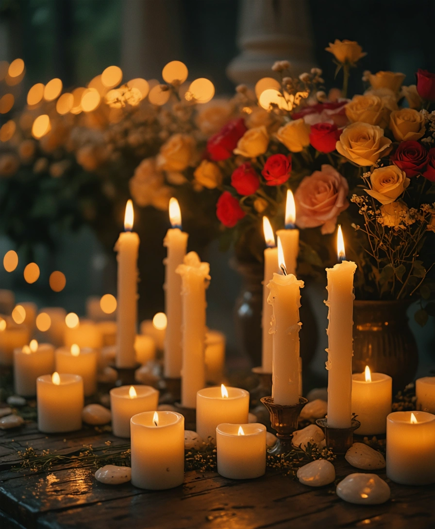 Memorial scene with candles and flowers in warm subdued lighting