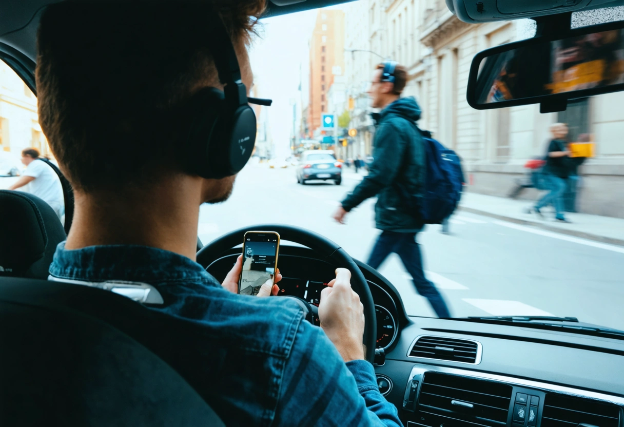 A driver in a car looking at a smartphone while a pedestrian with headphones crosses