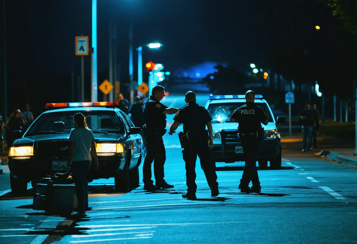A nighttime city scene with a police checkpoint, officers conducting sobriety tests on drivers, and