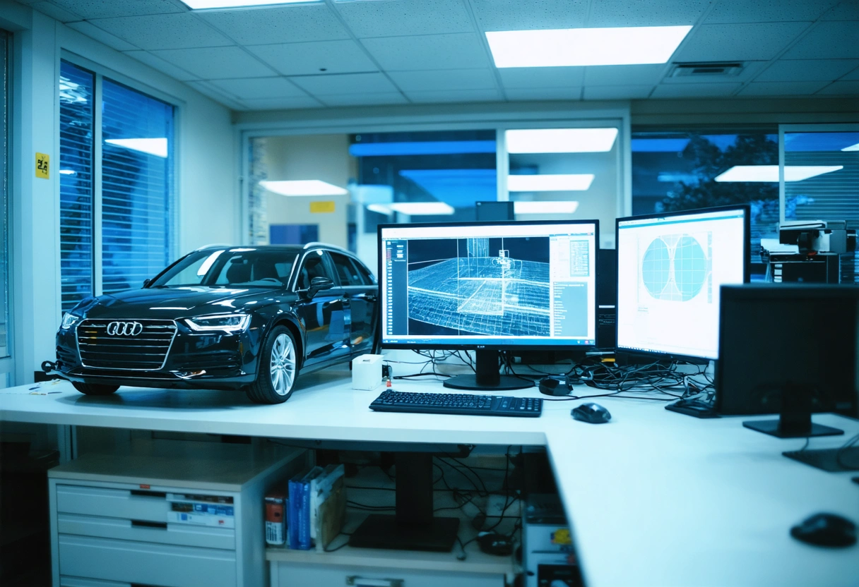 A tech company's research lab with engineers developing pedestrian detection systems, computers displaying safety data,