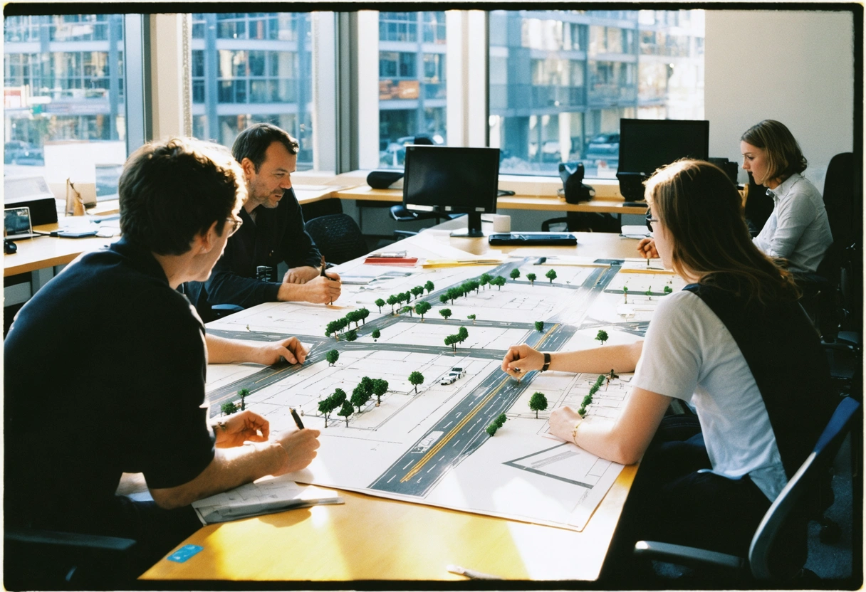 An urban planner's office with blueprints of pedestrian-friendly streets, models of traffic systems, and a