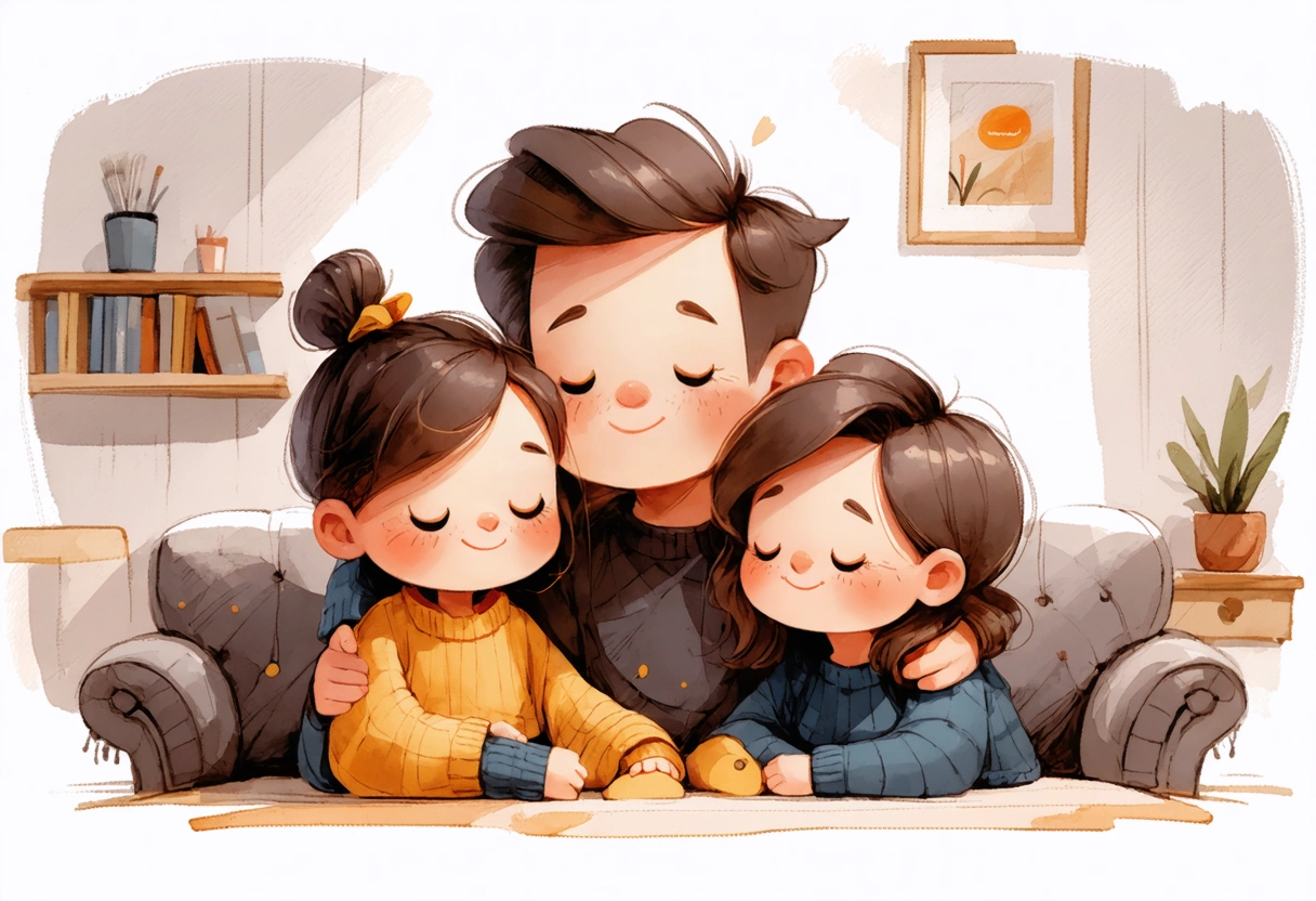 Family comforting each other in living room, emotional and supportive atmosphere