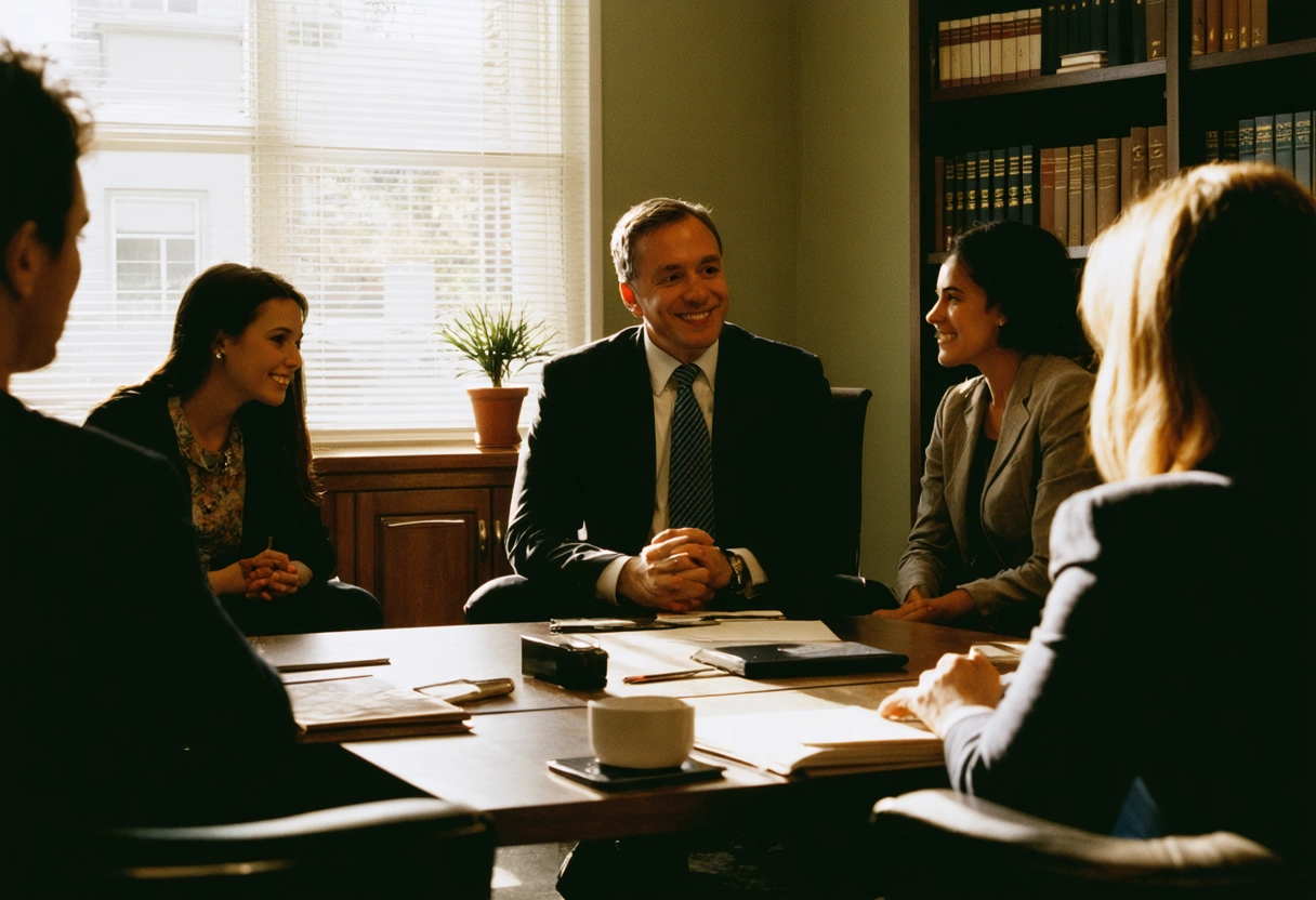 Lawyer meeting family in cozy office, warm and supportive environment