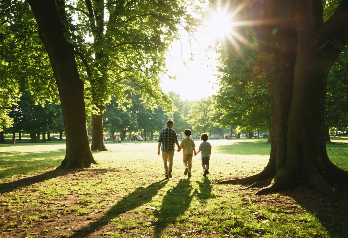 Family walking in park, sunlight through trees, hopeful and healing atmosphere