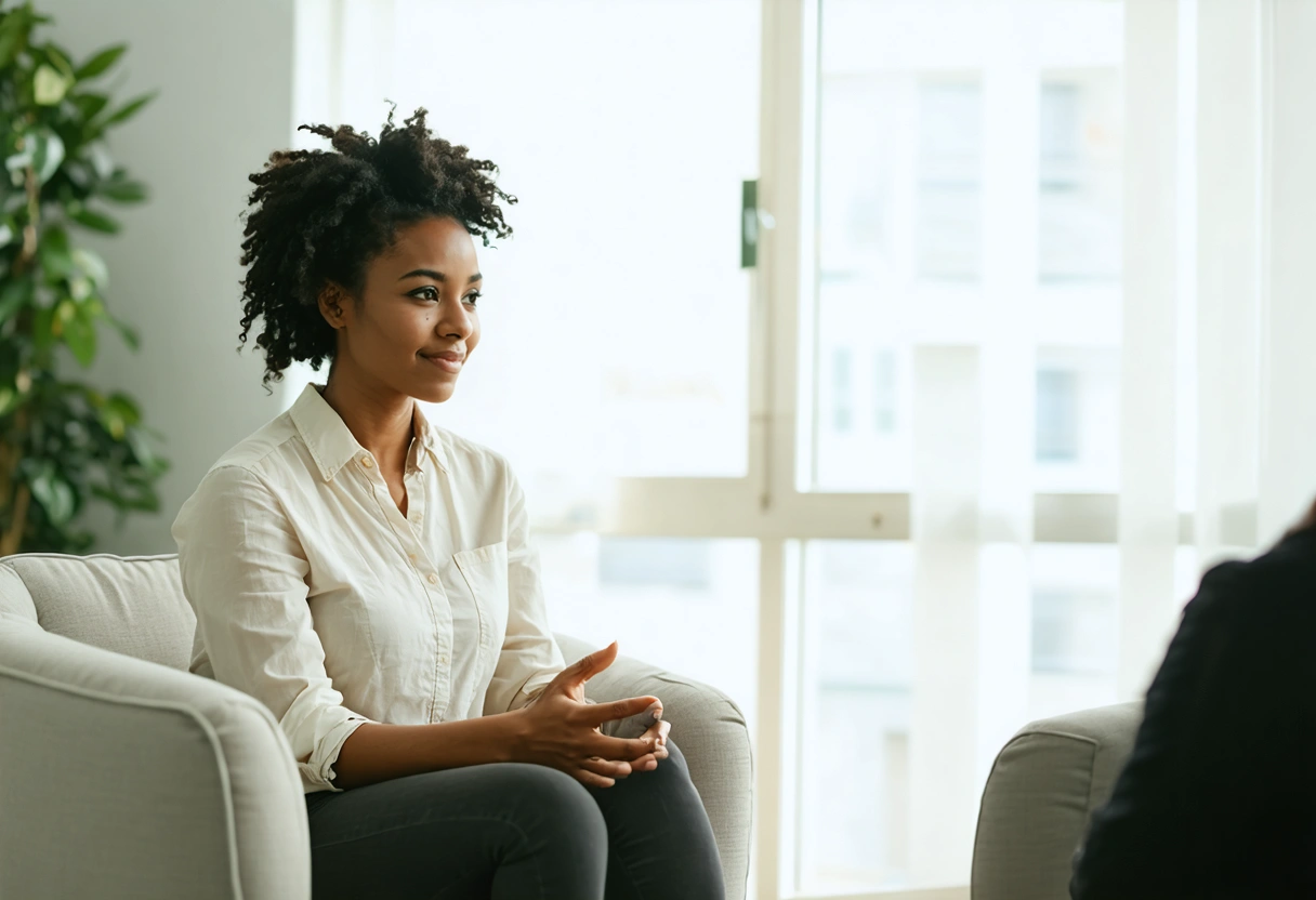 Person talking to therapist in calm office, focus on emotional healing