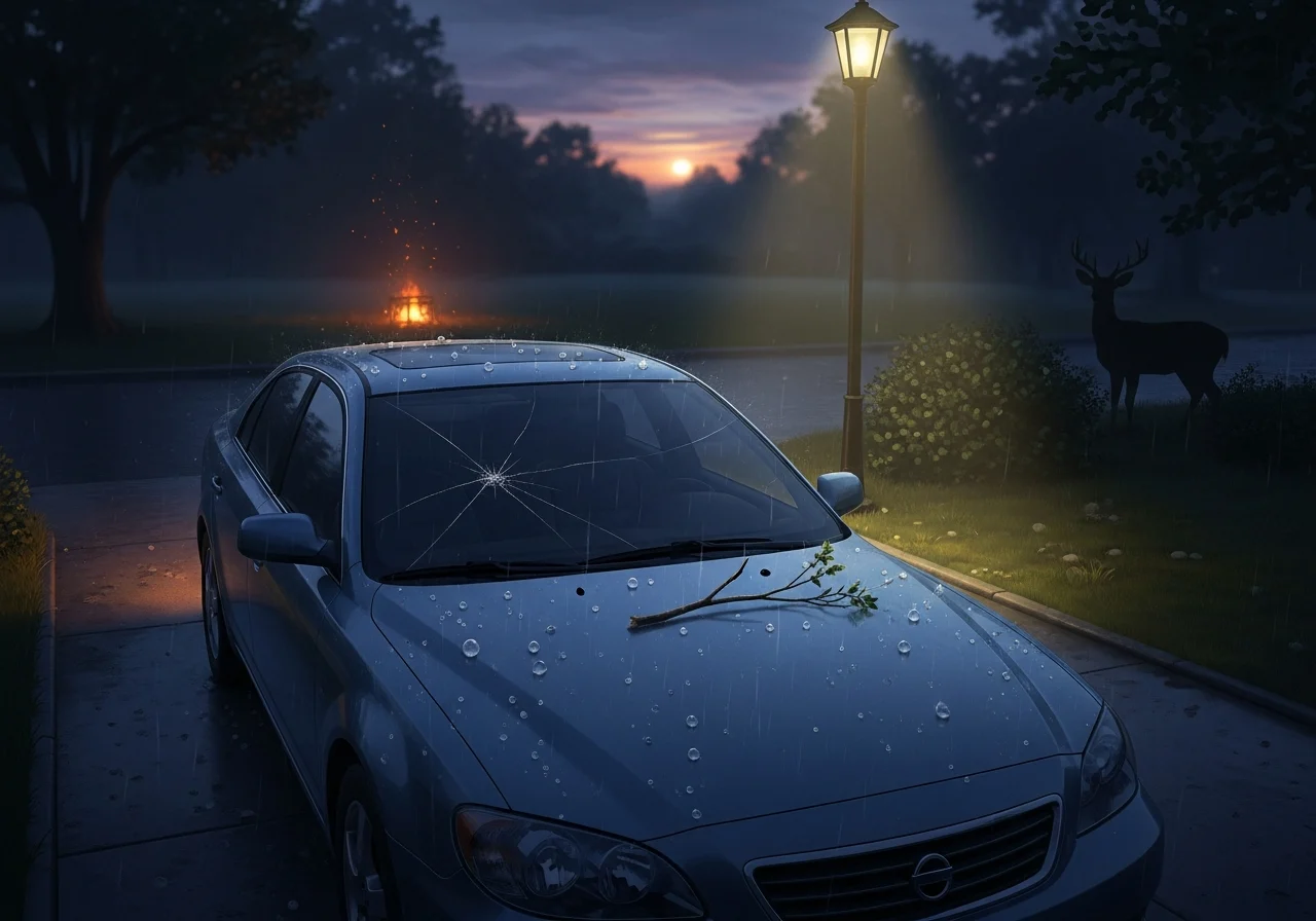 Parked car in suburb with metaphors for comprehensive coverage risks