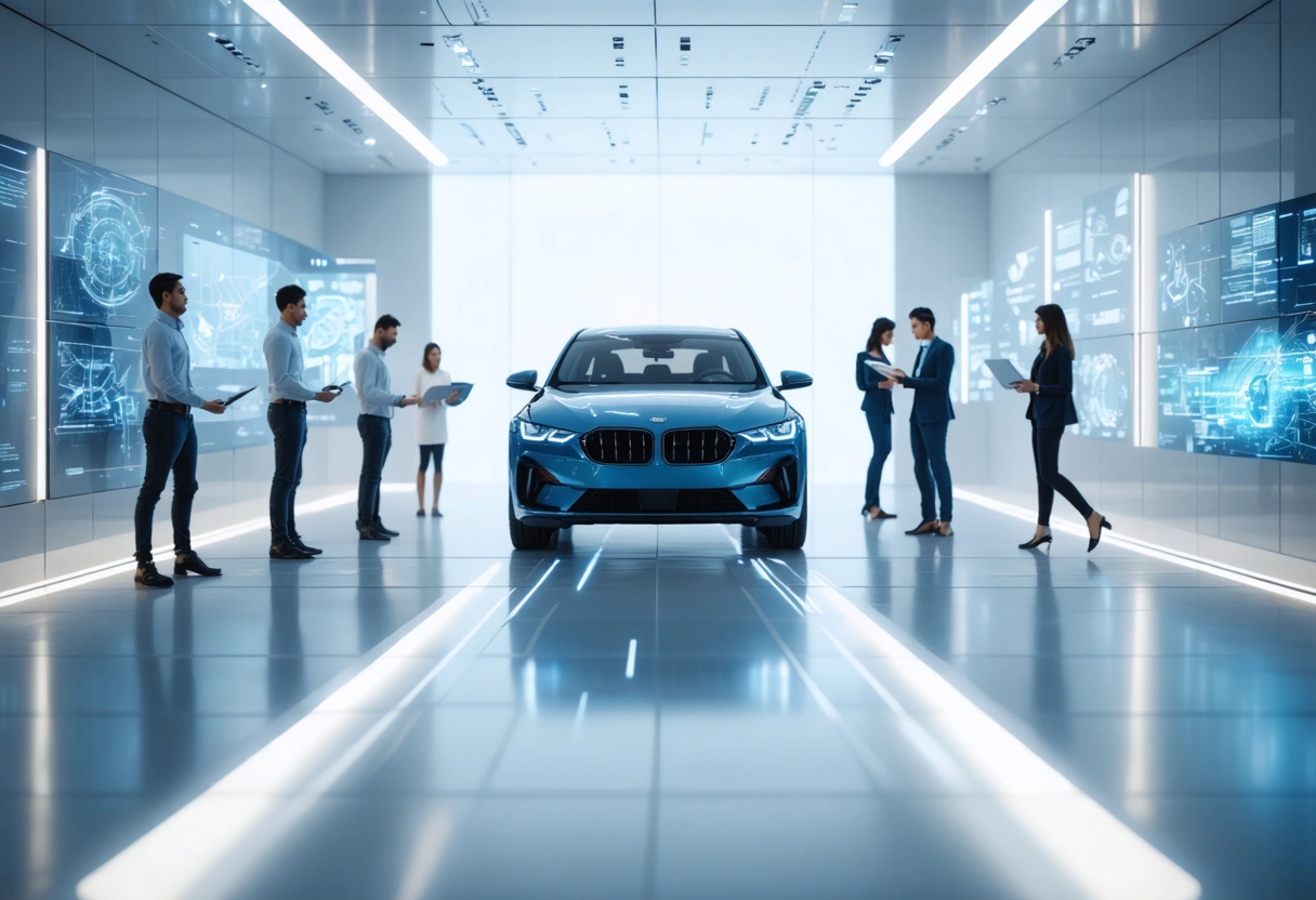 Professionals examine car silhouette in modern mobility innovation studio
