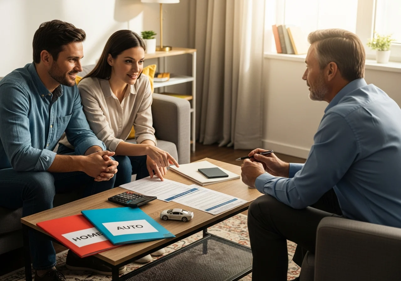 People meet with advisor in home office, discuss policy bundling