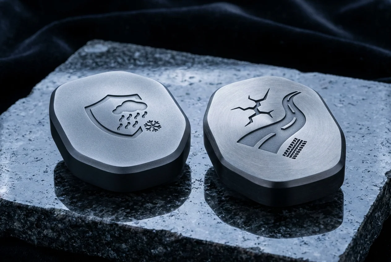 Two embossed policy cards on dark stone surface, contrasting motifs