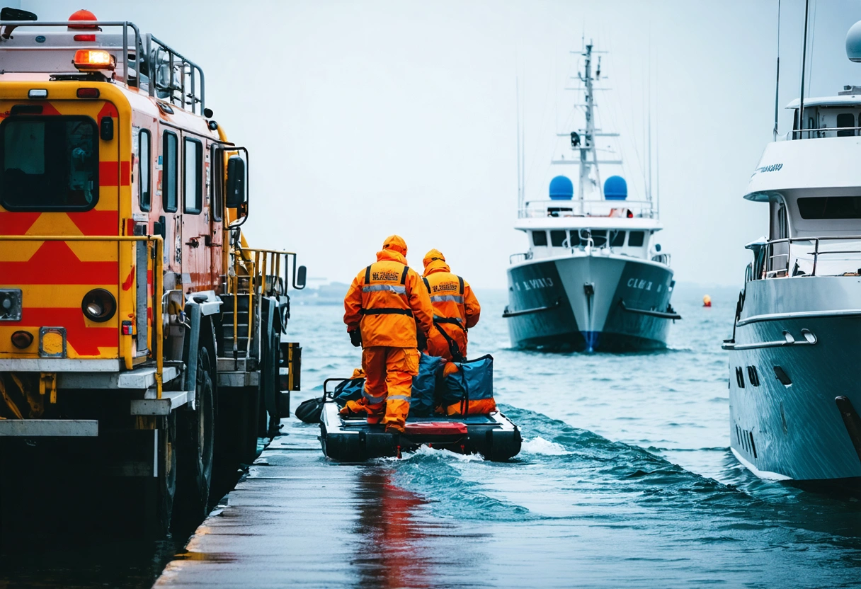 Emergency responders assess a boat accident victim on a marina dock