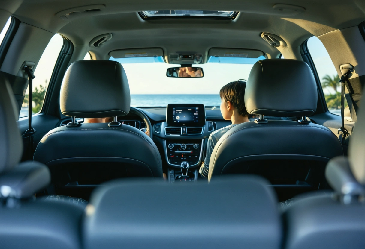Rear-seat passengers wearing seat belts on a city roadway