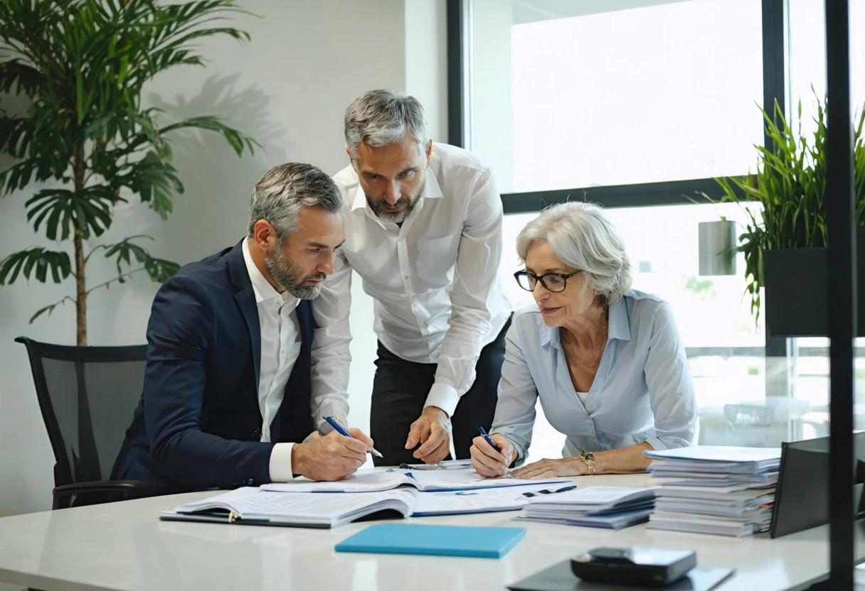 Family discussing repair bills and coverage paperwork at a kitchen table