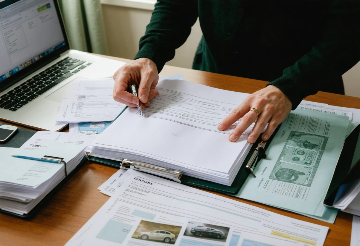 Hands review organized claims documents, receipts, and photos during recovery planning