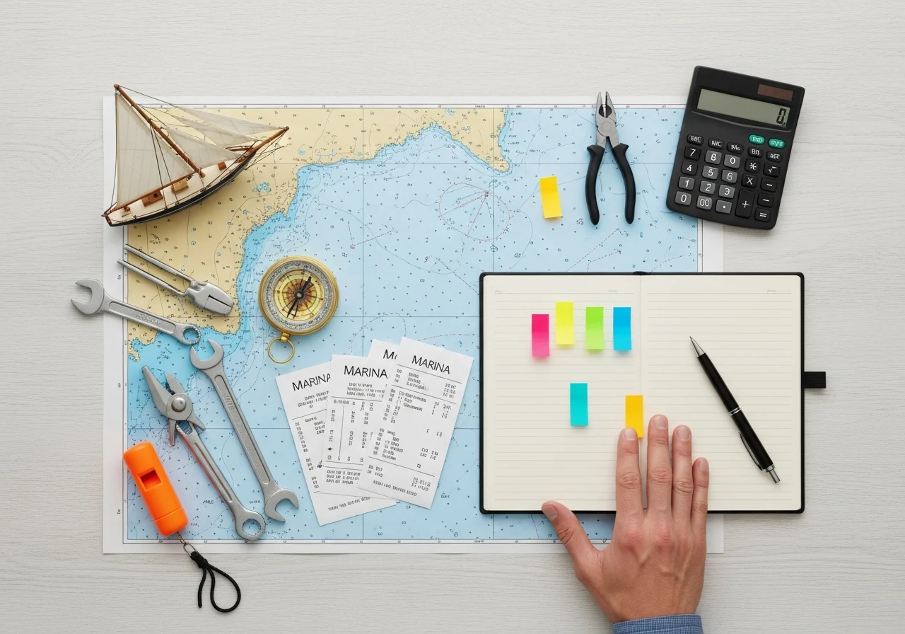 Coastal conference room table displays evidence of a complex boat liability case