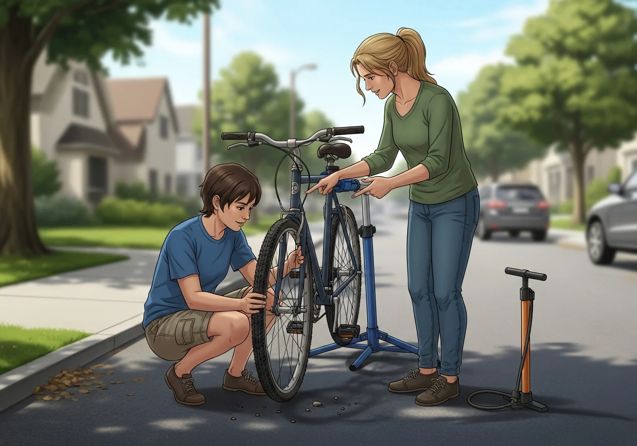 Two people inspecting a bicycle tire on a quiet street.