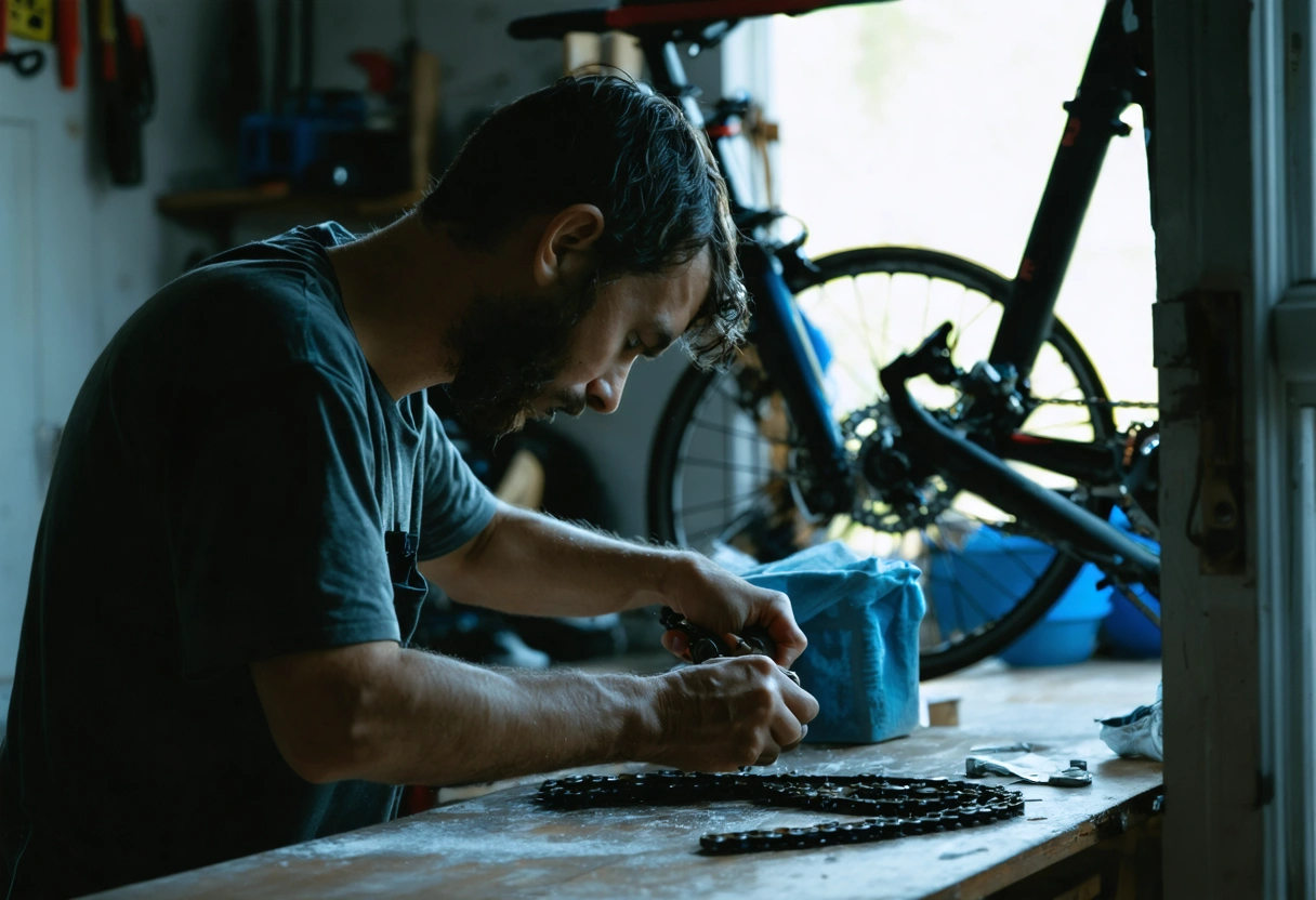 Cyclist cleaning and lubricating a bike chain in a garage.