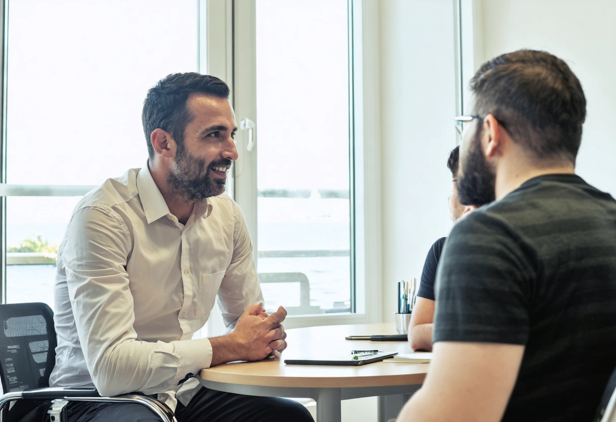 Doctor and therapist discuss recovery planning with a patient in consultation room