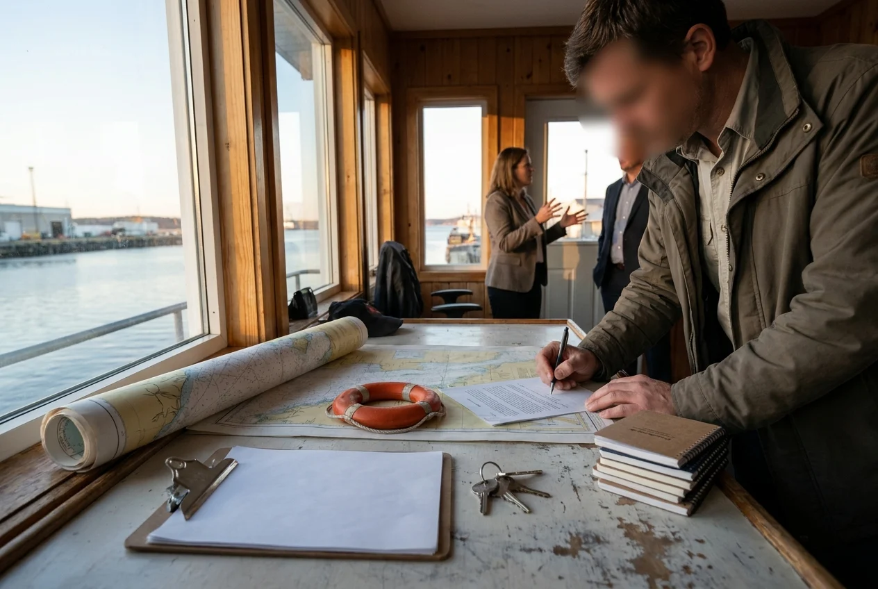 Hands complete a boat incident report beside safety gear on a dock