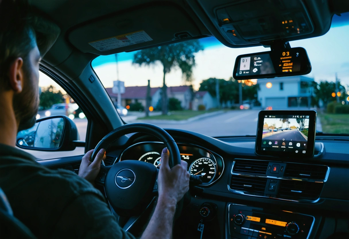 Driver checking smartphone navigation beside a car at an intersection