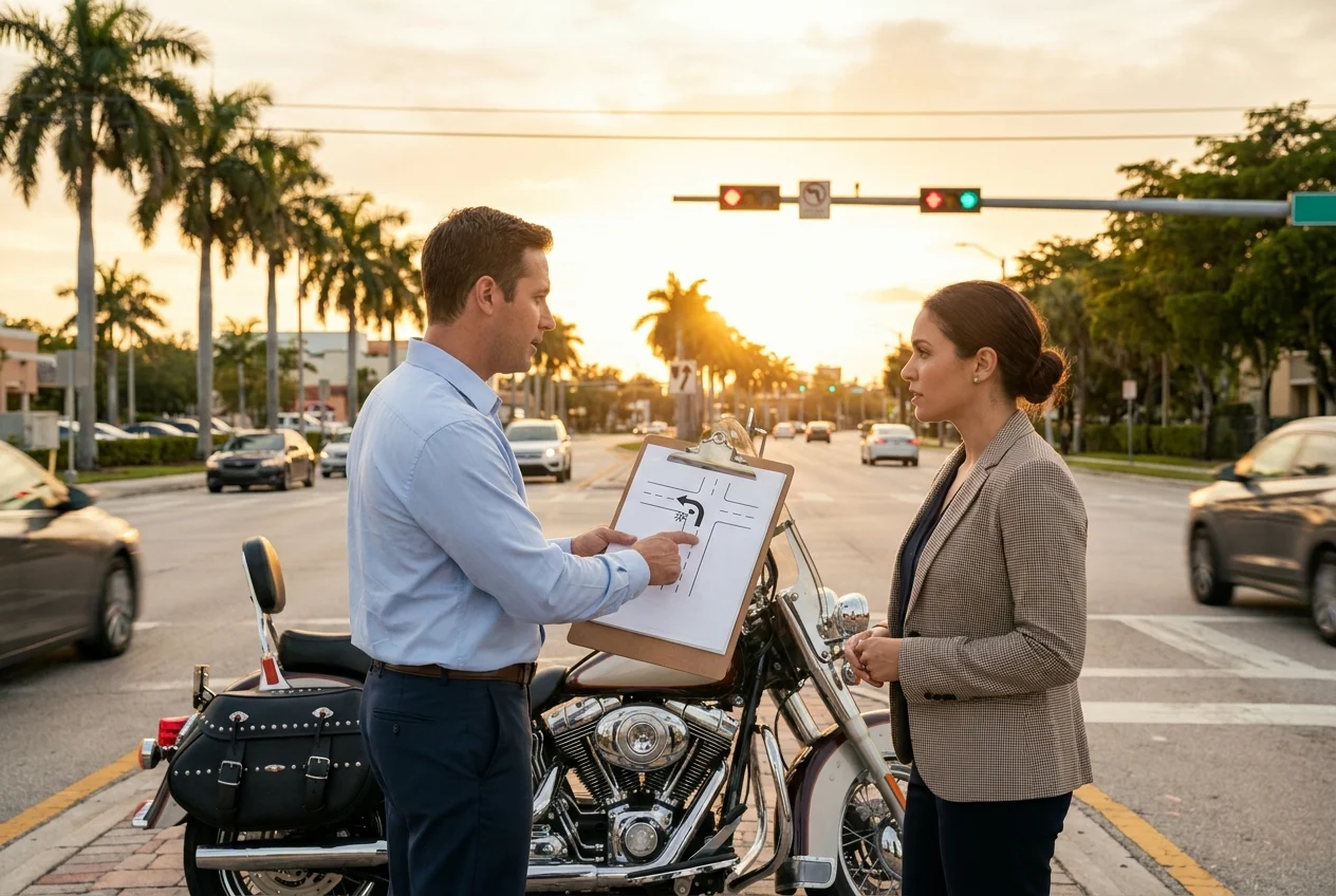 Two people discuss a left-turn motorcycle collision diagram at an intersection