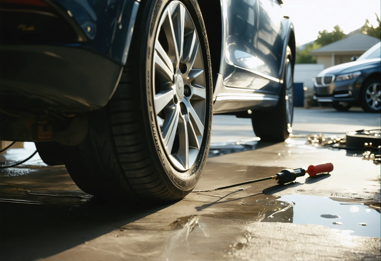 Driver checking tire pressure beside a parked sedan