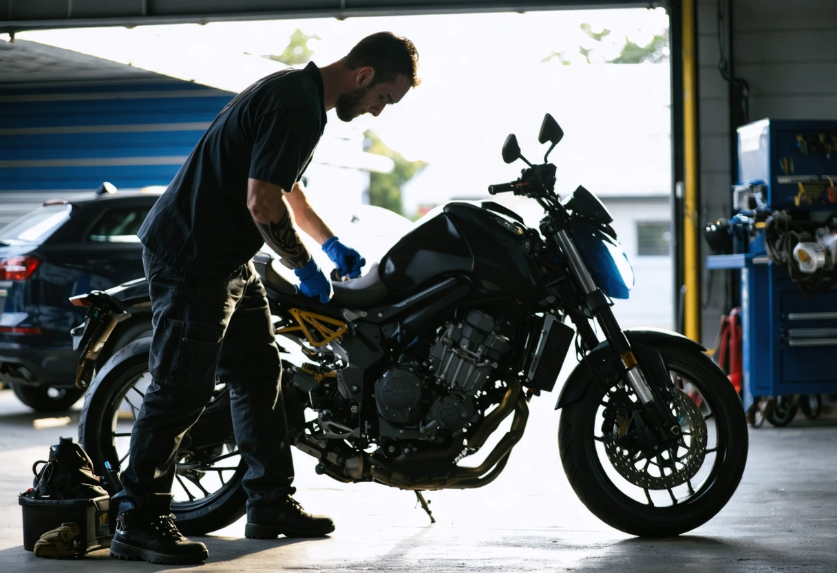 Mechanic, rider, and advisor inspect a motorcycle in a modern garage