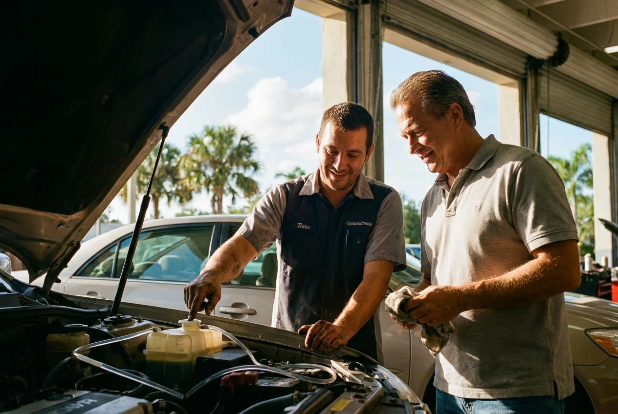 Mechanic inspecting brakes during routine vehicle service