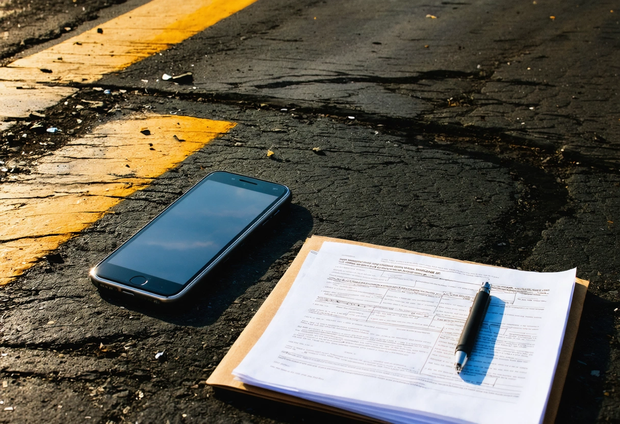 Collision evidence on road with motorcycle debris, police report, skid marks, medical folder